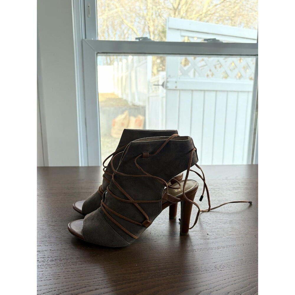 Franco Sarto Quinela Taupe Suede Lace Up Booties Heels Open Toe Sandals Size 7.5